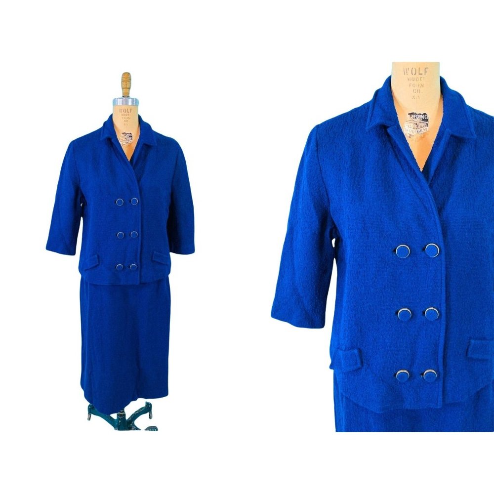 Vintage 60s Suit Set Womens Large Mod Blue Textured Top & Skirt Outfit